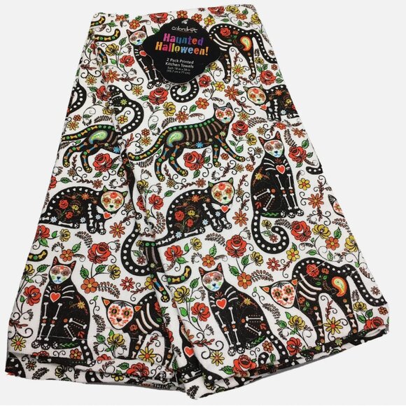 x2 Halloween Black Skeleton Sugar Skull Cat Kitchen Towel Set Roses Day of Dead - Picture 1 of 6